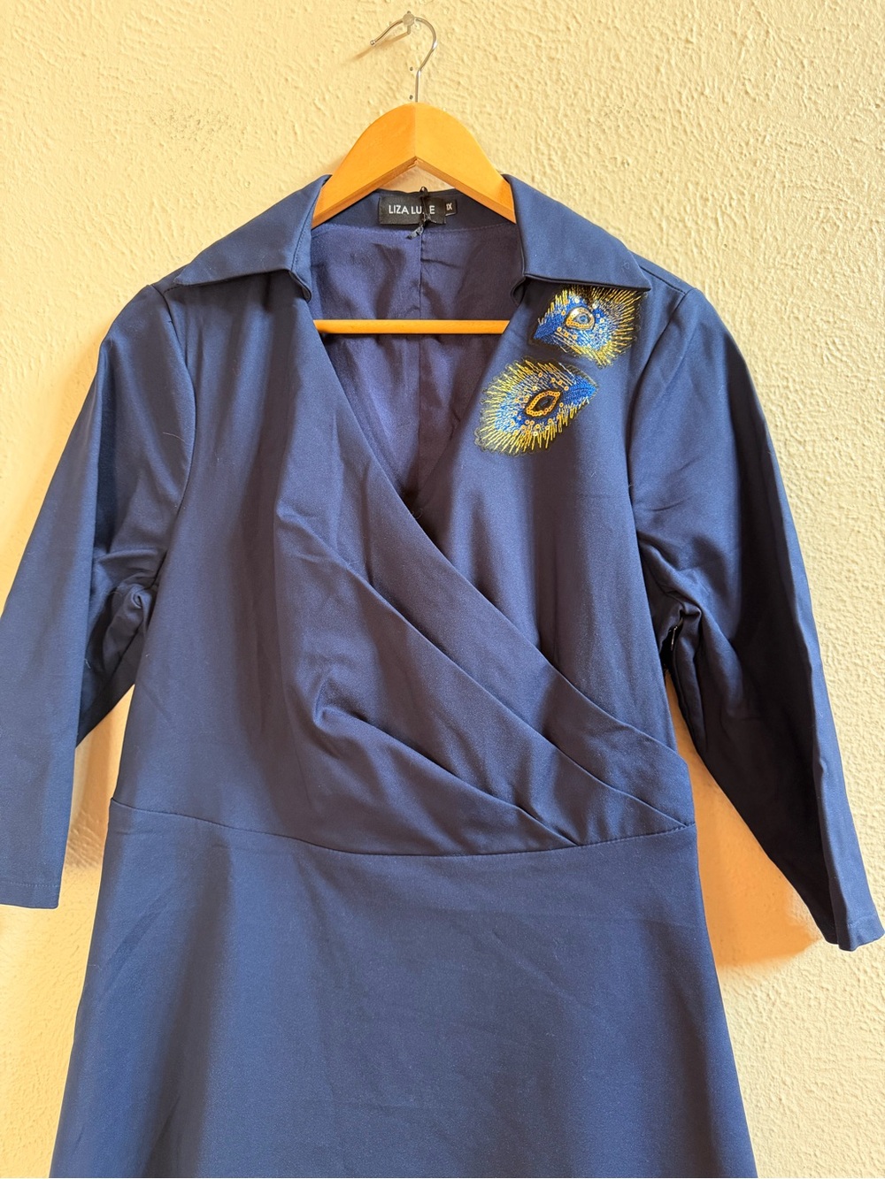 NWT Liza Luxe navy fit & flare dress peacock detail - Picture 5 of 8